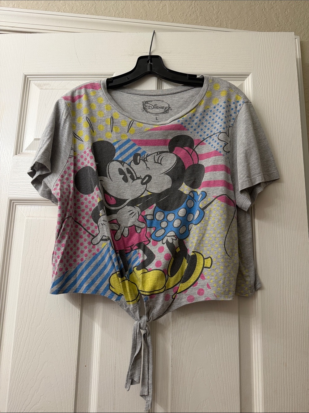 Disney Minnie & Mickey Tie-Front Graphic Tee - Gray with Pink, Blue & Yellow
